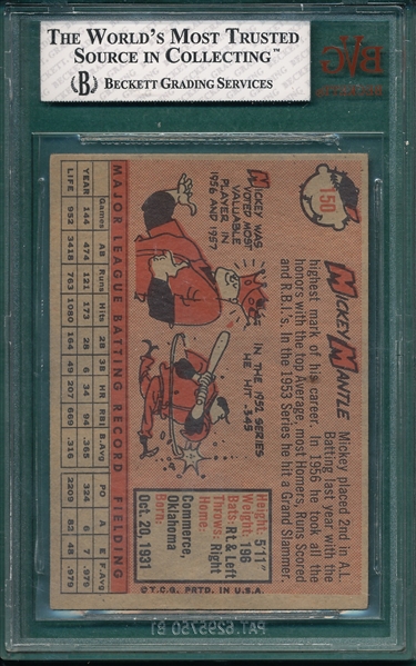 1958 Topps #150 Mickey Mantle BVG 4.5