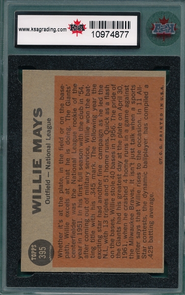1962 Topps #395 Willie Mays, All Star, KSA 6