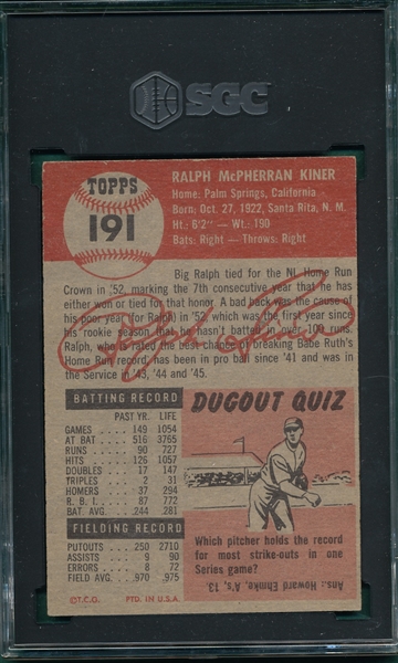 1953 Topps #191 Ralph Kiner SGC 5