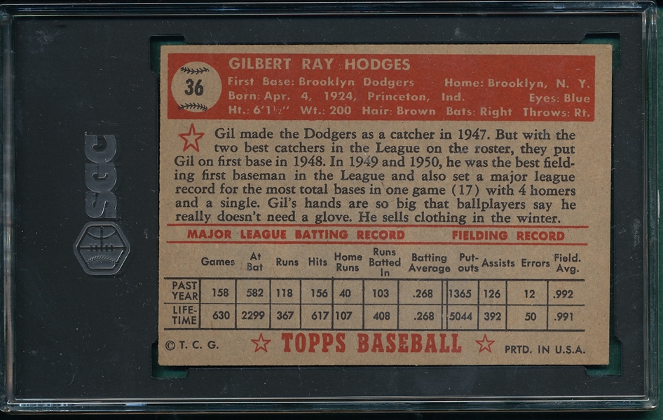 1952 Topps #36 Gil Hodges SGC 4 *Red*