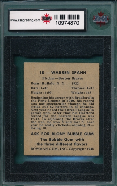 1948 Bowman #18 Warren Spahn KSA 5 *Rookie*