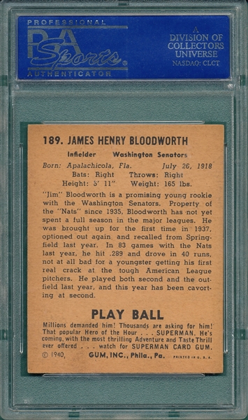 1940 Play Ball #189 Jim Bloodworth PSA 5 *Hi #* *Superman*