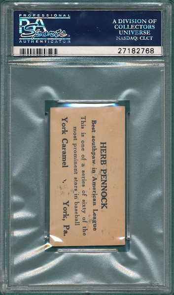 1927 E210-1 #8 Herb Pennock, No Name on Jersey, York Caramels PSA 7 *Highest Graded*