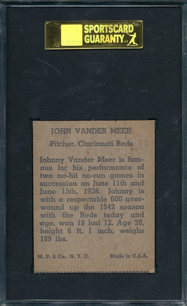 1943 R302-1 Johnny Vander Meer, M. P. & Co., SGC 88