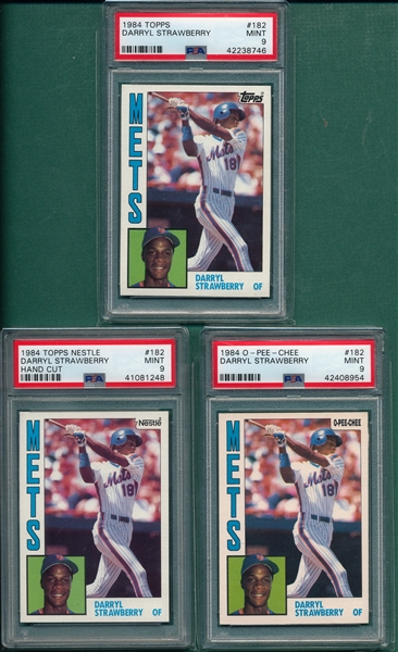 1984 Topps, Topps Nestle & O-Pee-Chee #182 Daryl Strawberry, Lot of (3) PSA 9 *MINT* *Rookie*