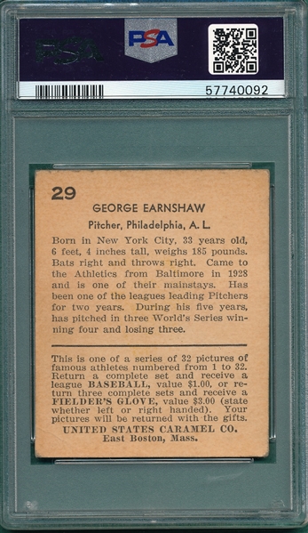 1932 U. S. Caramel #29 George Earnshaw PSA 4