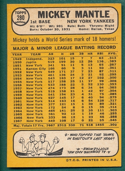 1968 Topps #280 Mickey Mantle (B)