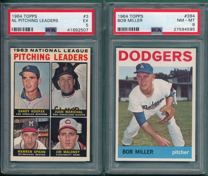 1964 Topps #3 NL Pitching Leaders W/ Koufax & #394 Miller, Lot of (2) PSA