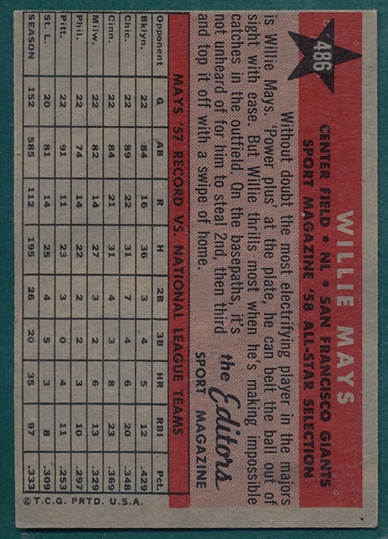 1958 Topps #486 Willie Mays, All Star
