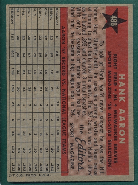 1958 Topps #488 Hank Aaron, All Star