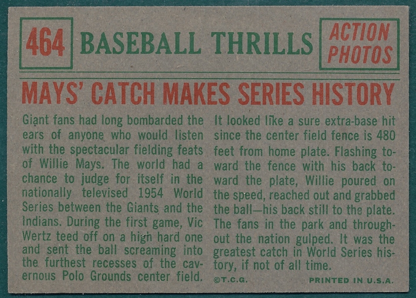 1959 Topps #464 Mays Catch Makes Series History