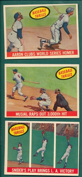 1959 Topps #467 Aaron, #468 Snider & #470 Musial. Baseball Thrills, Lot of (3)