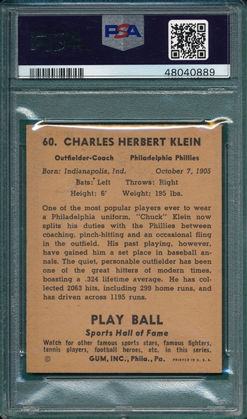 1941 Play Ball #60 Chuck Klein PSA 6
