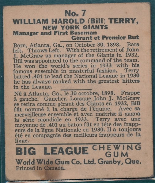 1936 World Wide Gum #7 Bill Terry