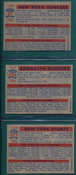 1957 Topps Near Set of Team Cards (15/16) W/ Dodgers, Giants & Yankees