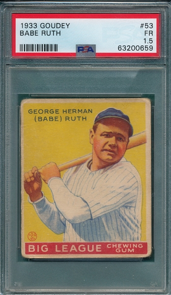 1933 Goudey #53 Babe Ruth PSA 1.5 *Crease Free*