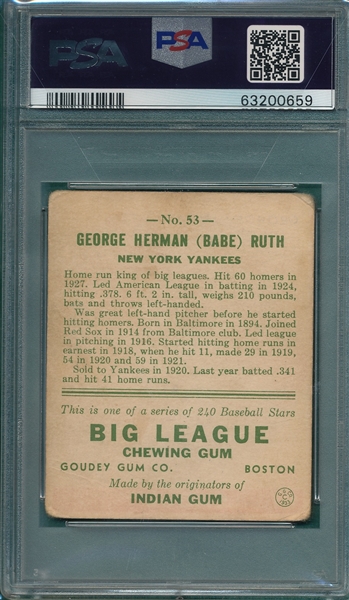 1933 Goudey #53 Babe Ruth PSA 1.5 *Crease Free*