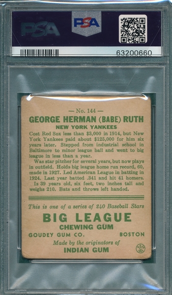 1933 Goudey #144 Babe Ruth PSA 1.5 *Crease Free*