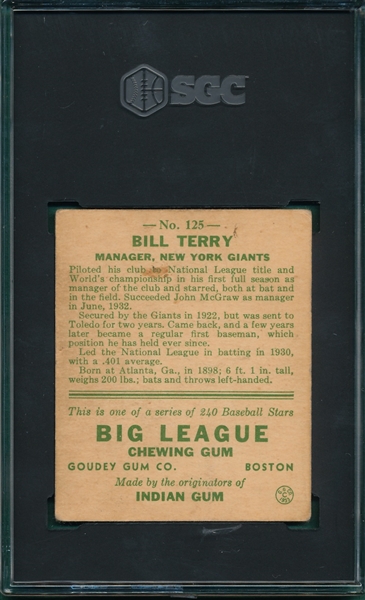 1933 Goudey #125 Bill Terry SGC 2