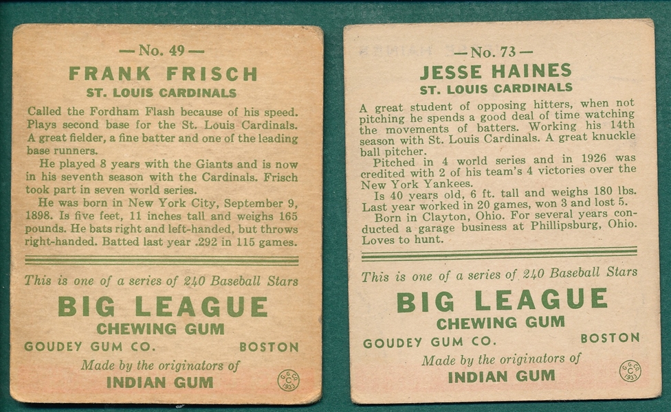 1933 Goudey #49 Frisch & #73 Haines, Lot of (2)