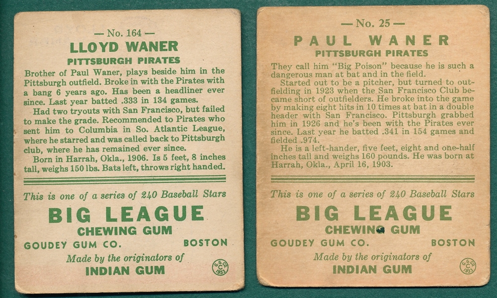 1933 Goudey #25 Paul Waner & #164 Lloyd Waner, Lot of (2)