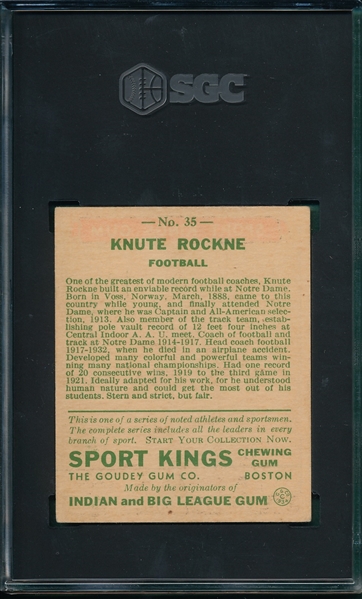 1933 Sport Kings #35 Knute Rockne SGC 4.5 *Rookie*