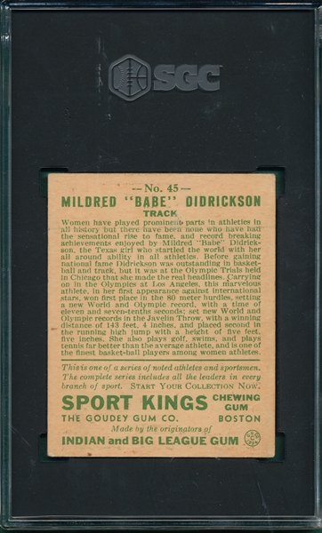 1933 Sport Kings #45 Babe Didrickson SGC 3