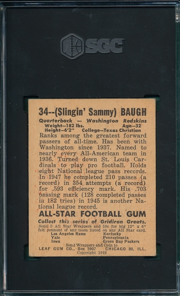 1948 Leaf Football #34 Sammy Baugh SGC 4 