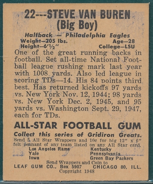 1948 Leaf Football #22 Steve Van Buren *Rookie*