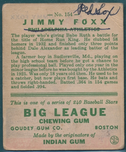1933 Goudey #154 Jimmy Foxx