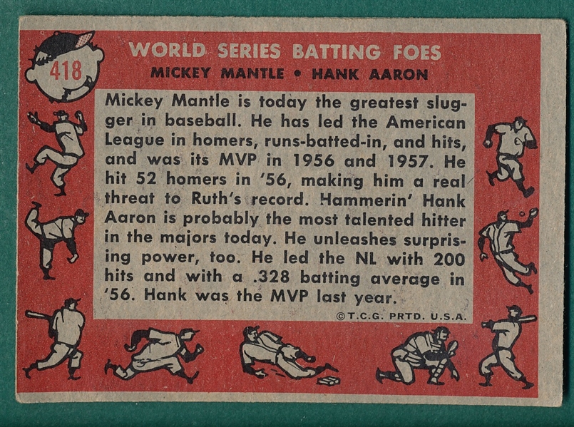 1958 Topps #418 World Series Foes W/ Aaron & Mantle