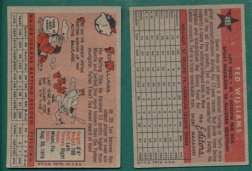 1958 Topps #1 & #485 AS, Ted Williams, Lot of (2)