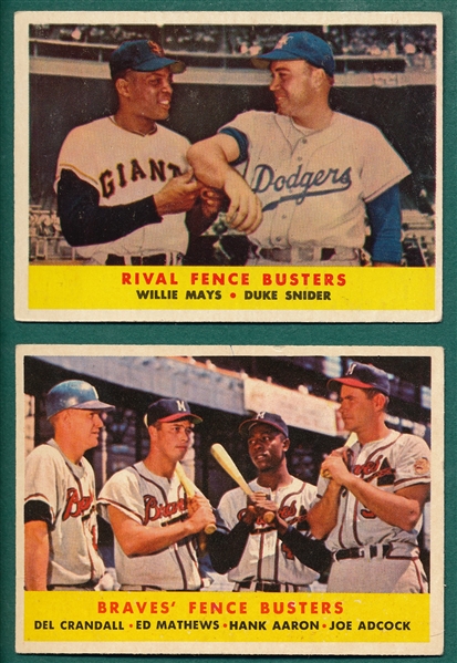 1958 Topps #351 Braves Fence Busters W/ Aaron & #436 Rival Fence Busters W/ Mays, Lot of (2)