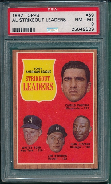 1962 Topps #59 AL Strikeout Leaders W/ Ford PSA 8