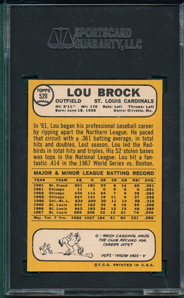 1968 Topps #520 Lou Brock SGC 9 *MINT*