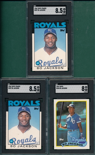 1986/89 Topps #540 & (2) Traded Rookie, #50T Bo Jackson SGC 8.5, Lot of (3)