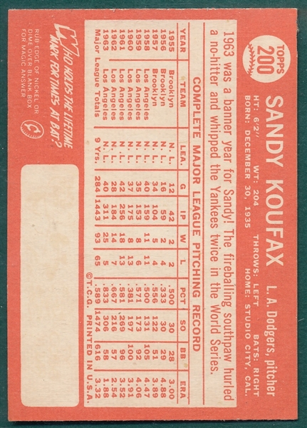 1964 Topps #200 Sandy Koufax
