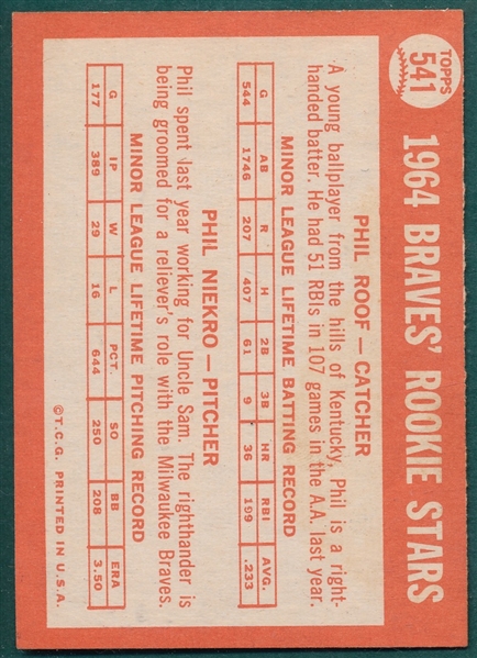 1964 Topps #541 Braves Rookies W/ Phil Niekro, Rookie *Hi #*