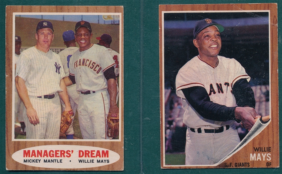 1962 Topps #18 Managers' Dream W/ Mays & Mantle & #300 Mays, Lot of (2)