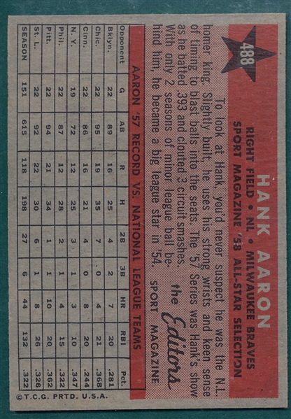 1958 Topps #488 Hank Aaron, All Star