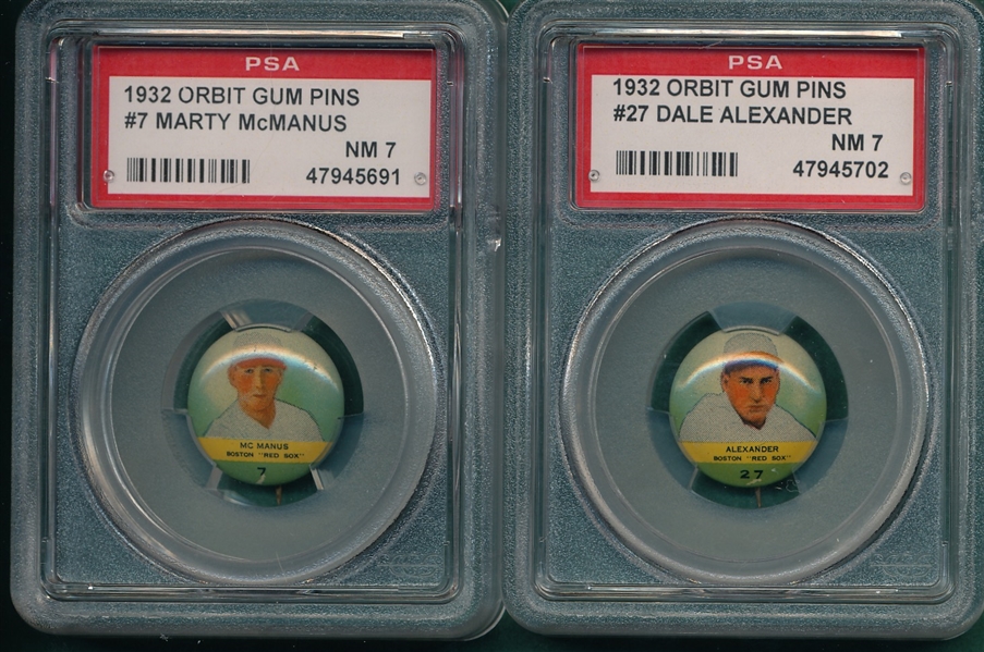 1932 Orbit Gum Pins #7 McManus & #27 Alexander, Lot of (2) PSA 7