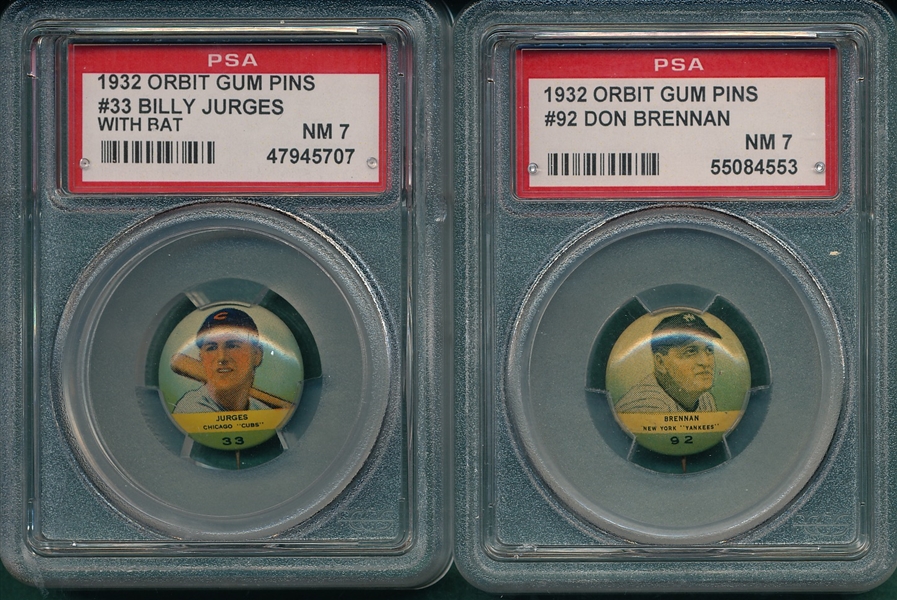 1932 Orbit Gum Pins #33 Jurges & #92 Brennan, Lot of (2) PSA 7