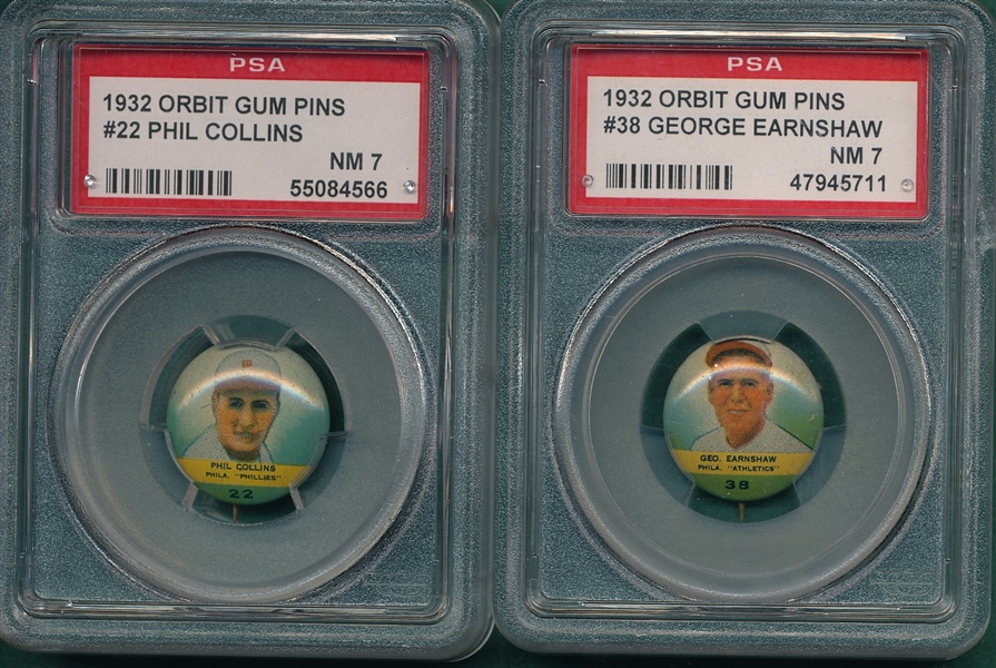 1932 Orbit Gum Pins #22 Phil Collins & #38 Earnshaw, Lot of (2) PSA 7