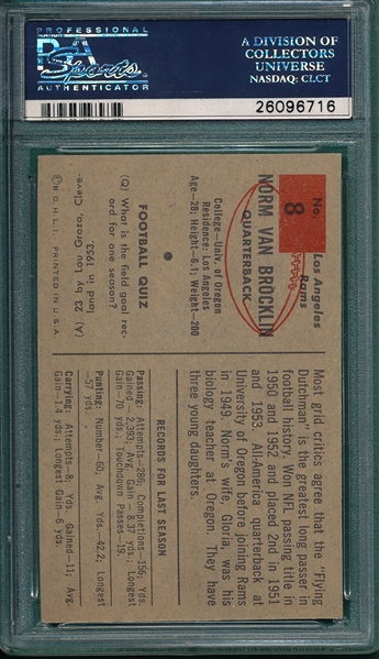 1954 Bowman Football #8 Norm Van Brocklin PSA 7 