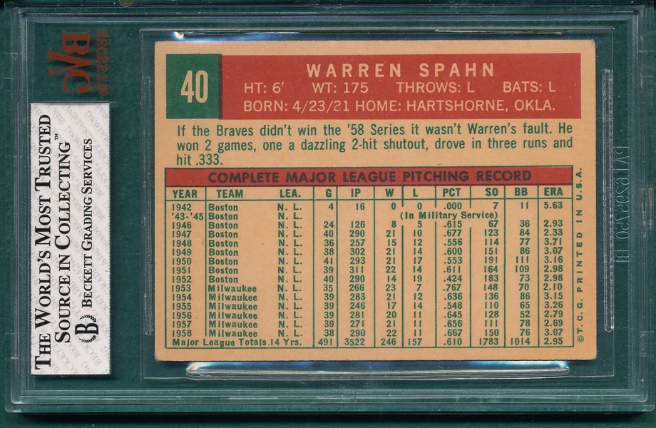 1959 Topps #40 Warren Spahn BVG 4.5 *Partial 3*