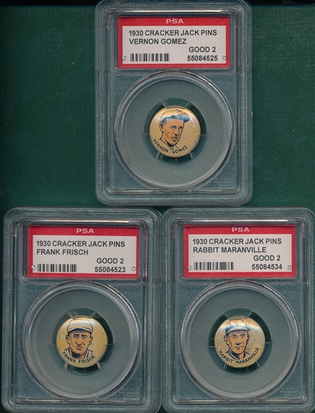 1930 Cracker Jack Pins Frisch, Maranville & Gomez, Lot of (3), PSA