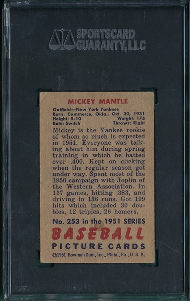 1951 Bowman #253 Mickey Mantle SGC 30 *Rookie*