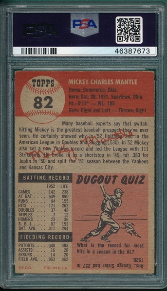 1953 Topps #82 Mickey Mantle PSA 4 *Nice Centering*