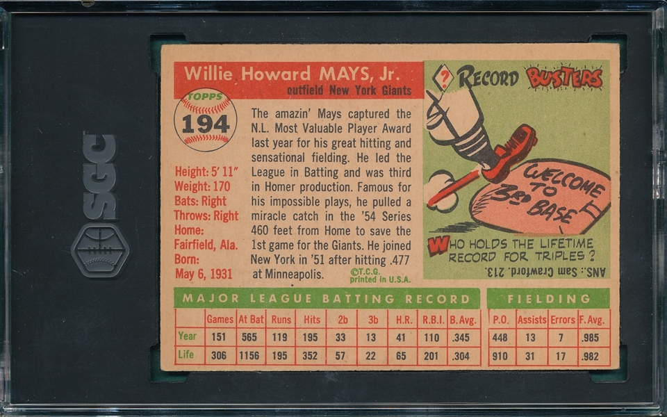 1955 Topps #194 Willie Mays SGC 3 *High #*