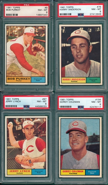 1961 Topps Lot of (4) Reds W/ #9 Purkey PSA 8